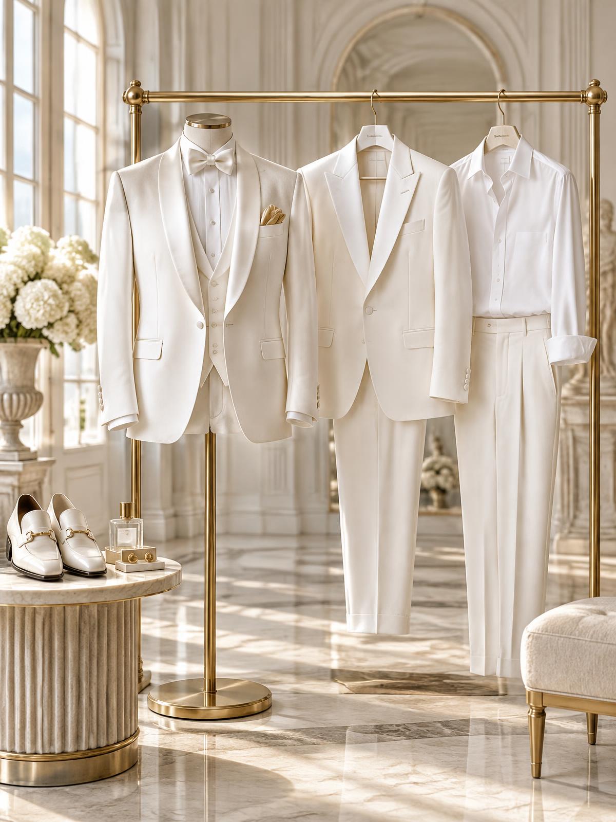 Gentlemen’s white suits and smart tailoring displayed without models