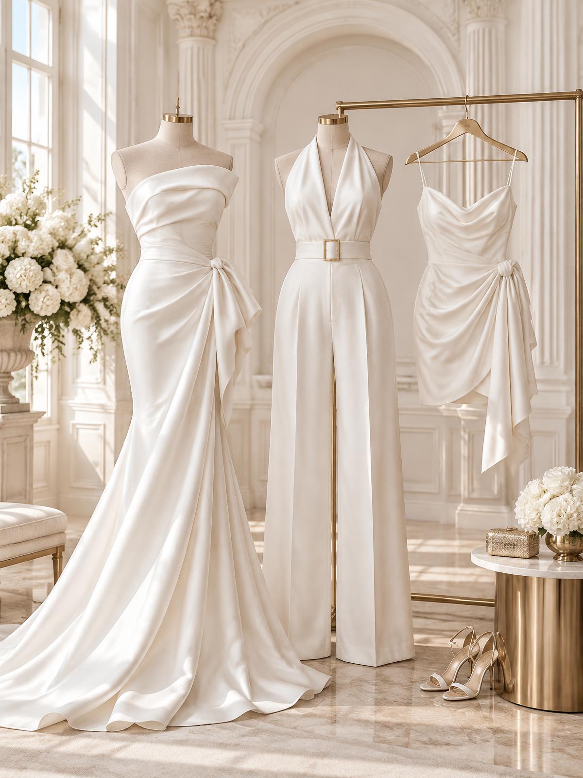 Ladies’ white gowns, dresses and tailoring displayed without models